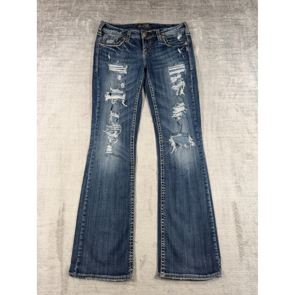 Silver Jeans Women 29x33 Blue Aiko Mid Bootcut Y2K Distressed Thick Stitch Denim